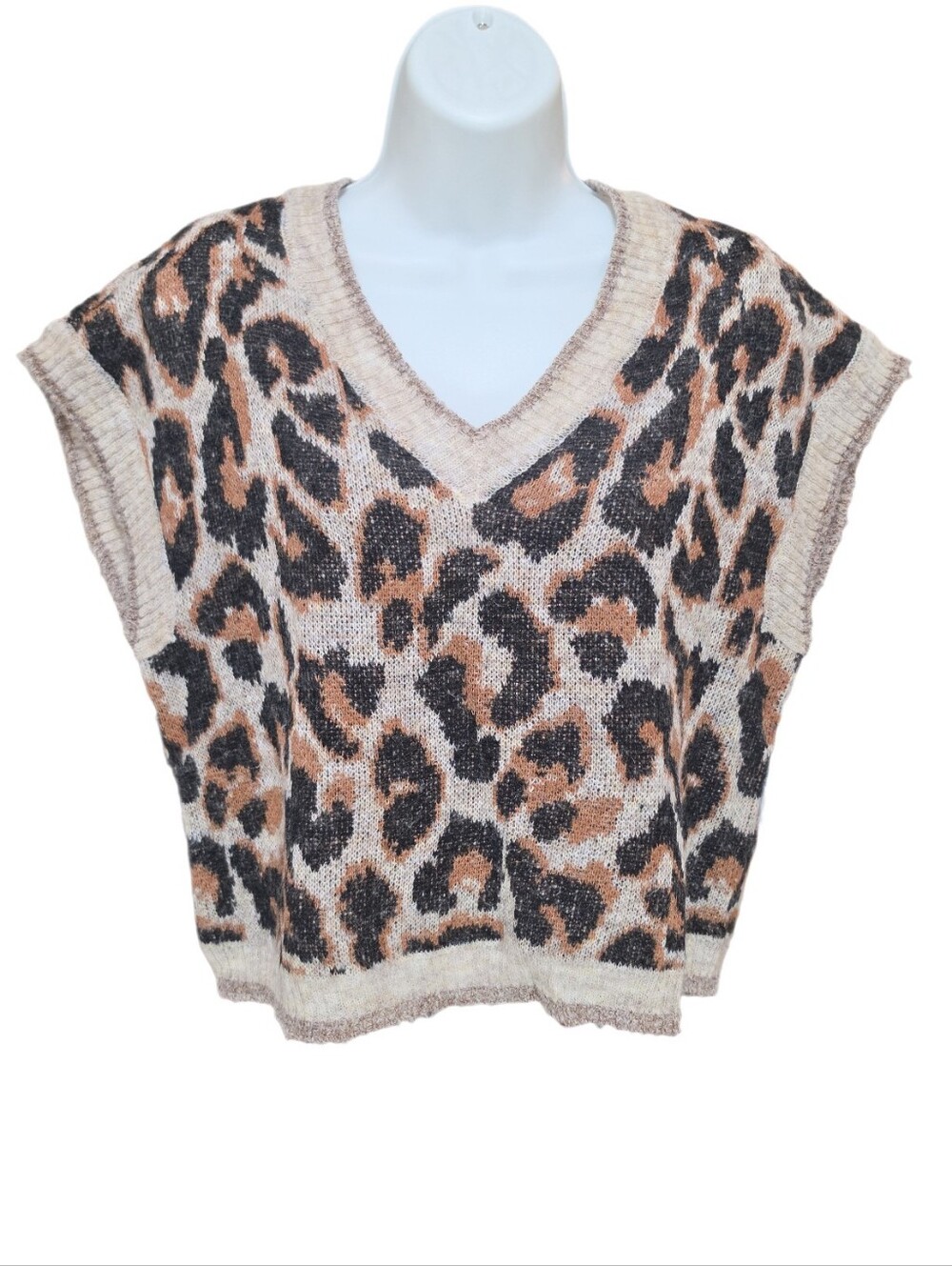 Democracy Leopard Print V-Neck Metallic Knit Sweater Vest Cropped Sleeveless S